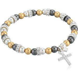 Women's Crystal Cross Tri Tone No Clasp Base Stretch Bracelet